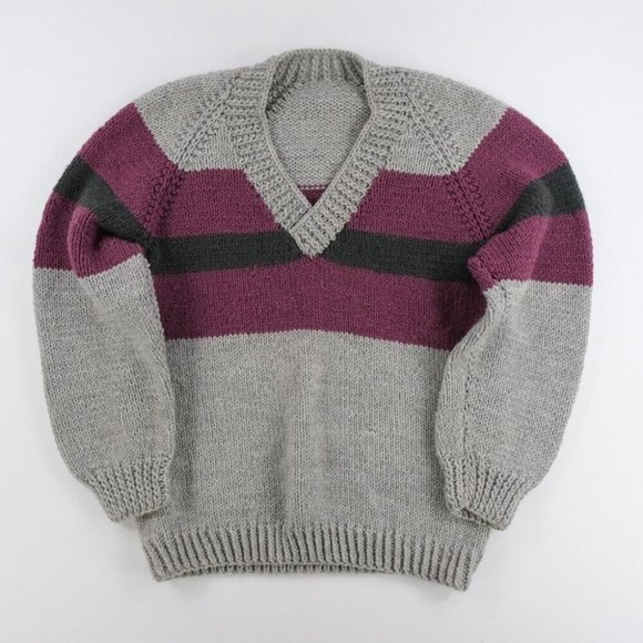 Unknown Sweaters - Vintage Women's Size Large Sweater Heavyweight Hand Knit Crochet V Neck Wool